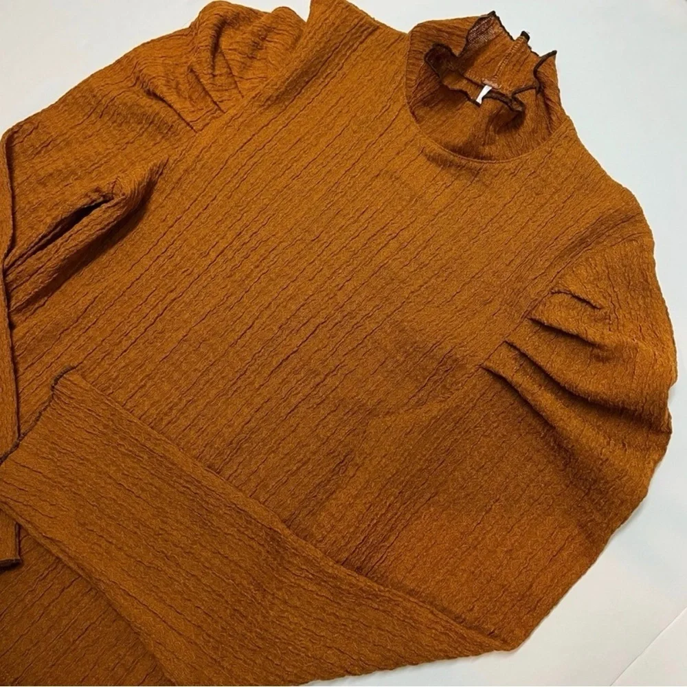 Free People Ela Mock Neck Top Puff Sleeve Terracotta Textured Knit Poetcore S